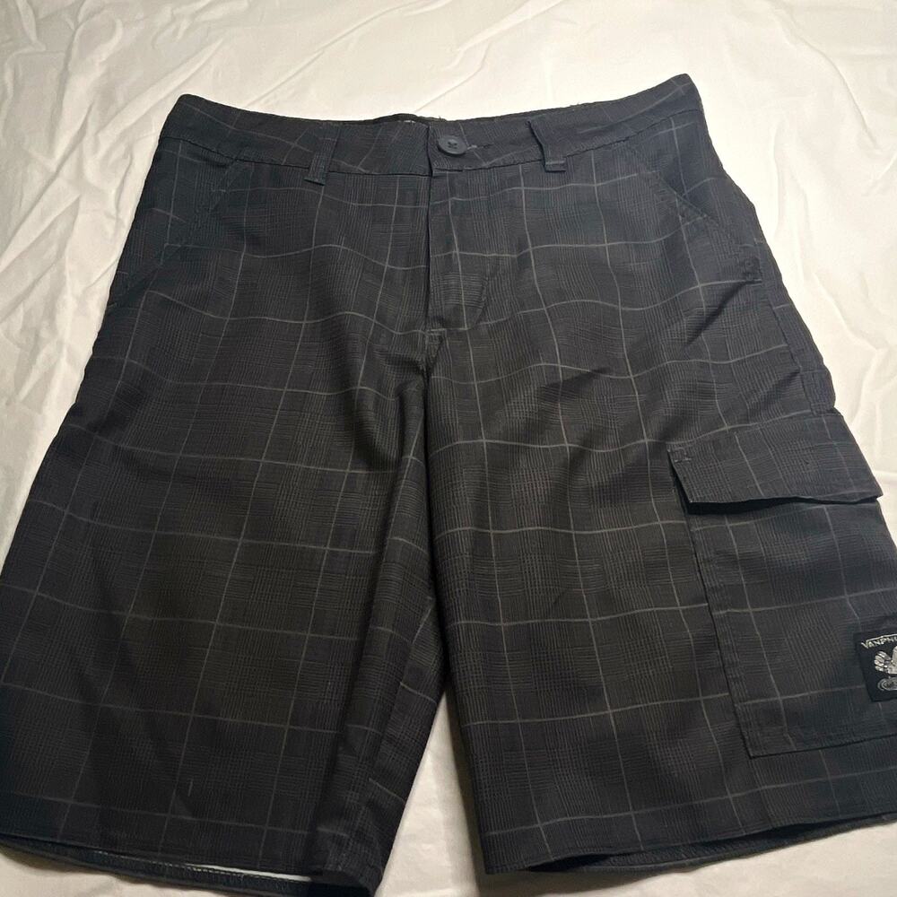 Vans Vanphibian Boys Board Shorts Size 14 Black/Gray Plaid Cargo Pocket